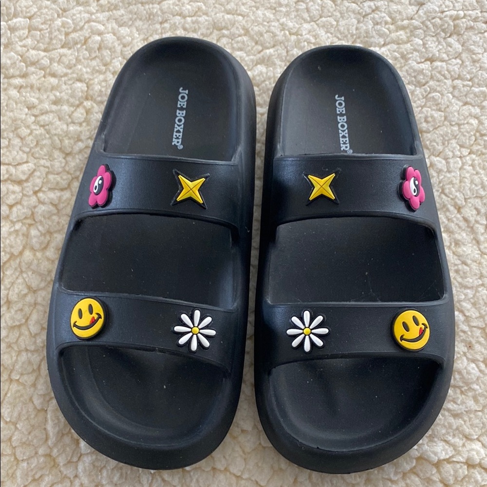Joe Boxer Black Slide/Sandals with Playful Accents Size 8 NWT